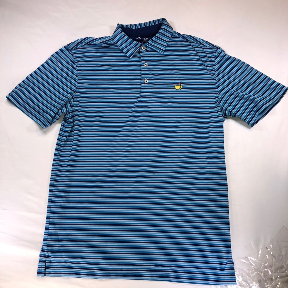 Masters Tech Mens Blue Striped Golf Polo Shirt Size Medium Tournament Logo